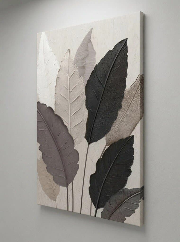 Charcoal Leaves — handmade textured wall art, 16 × 20 inch